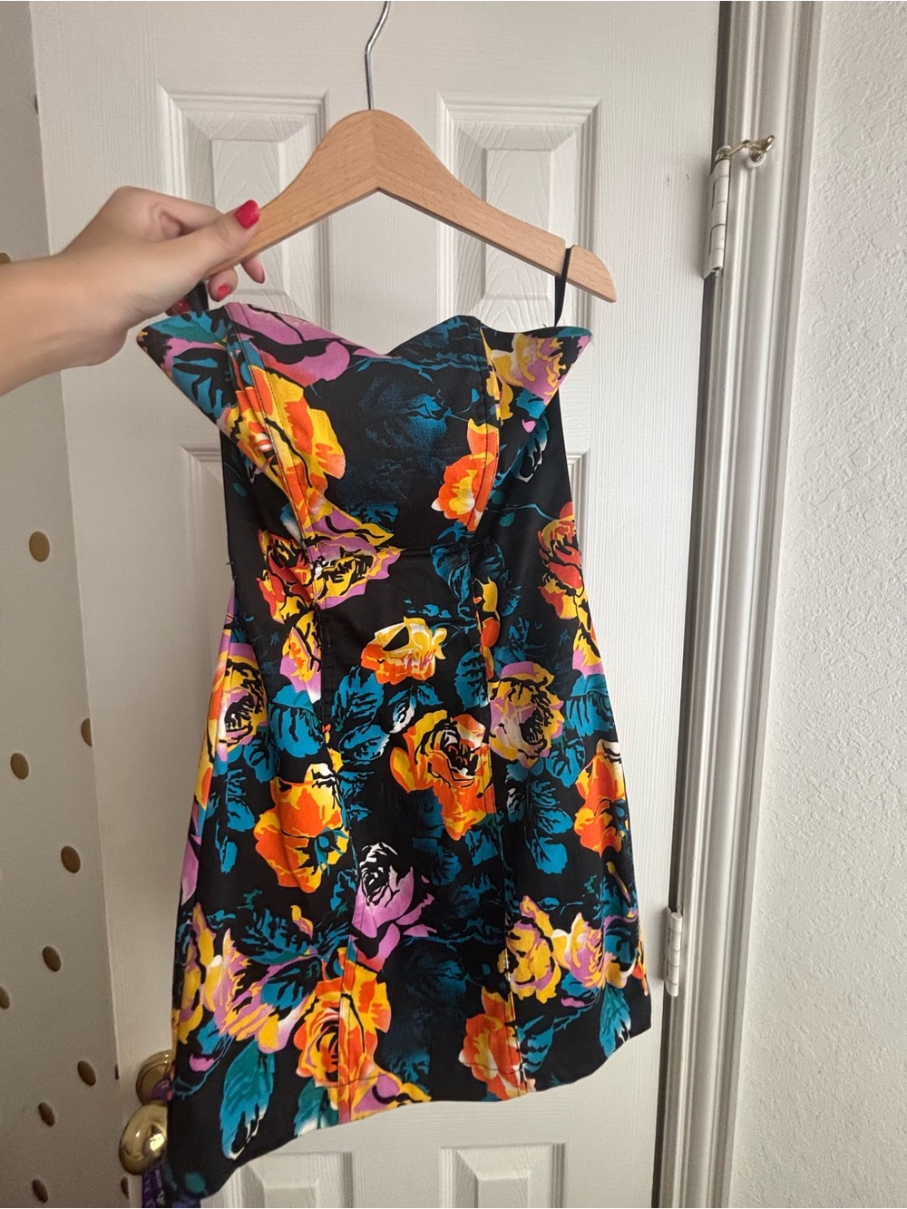 Mink pink Strapless A-Line Dress in Black with Vibrant Florals